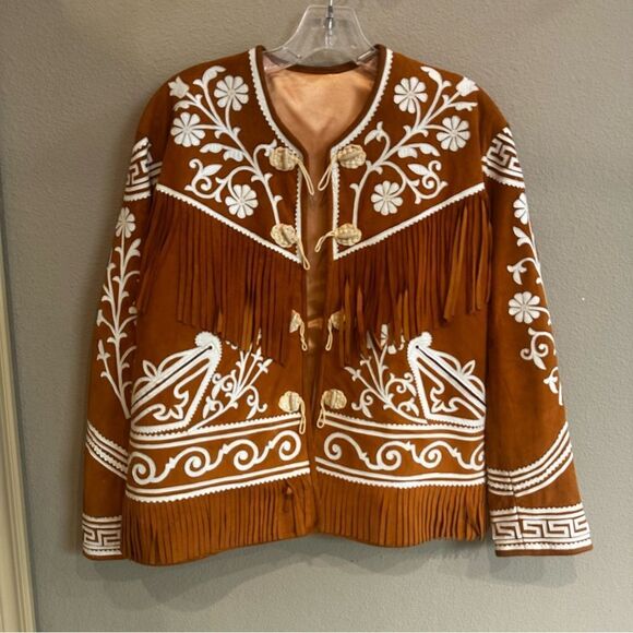 Vintage Jackets & Blazers - Vintage Cuera tamaulipeca jacket leather fringe handmade Rosenda embroidered